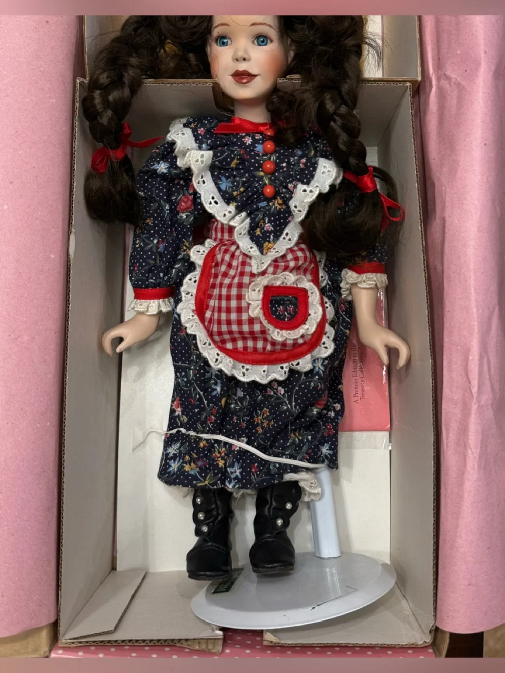 Hannah Porcelain Doll in Navy Floral Dress with Red Gingham Accents